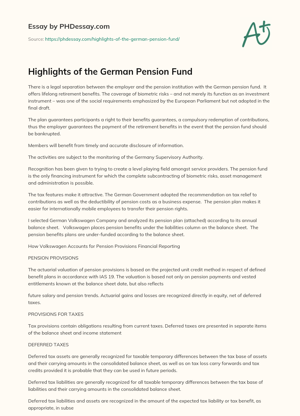 Highlights of the German Pension Fund essay