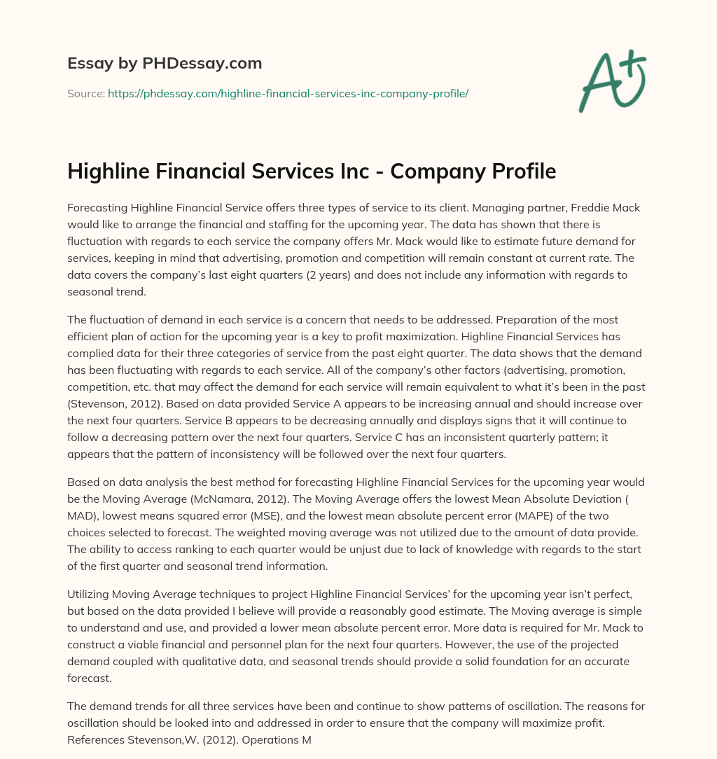 Highline Financial Services Inc – Company Profile essay
