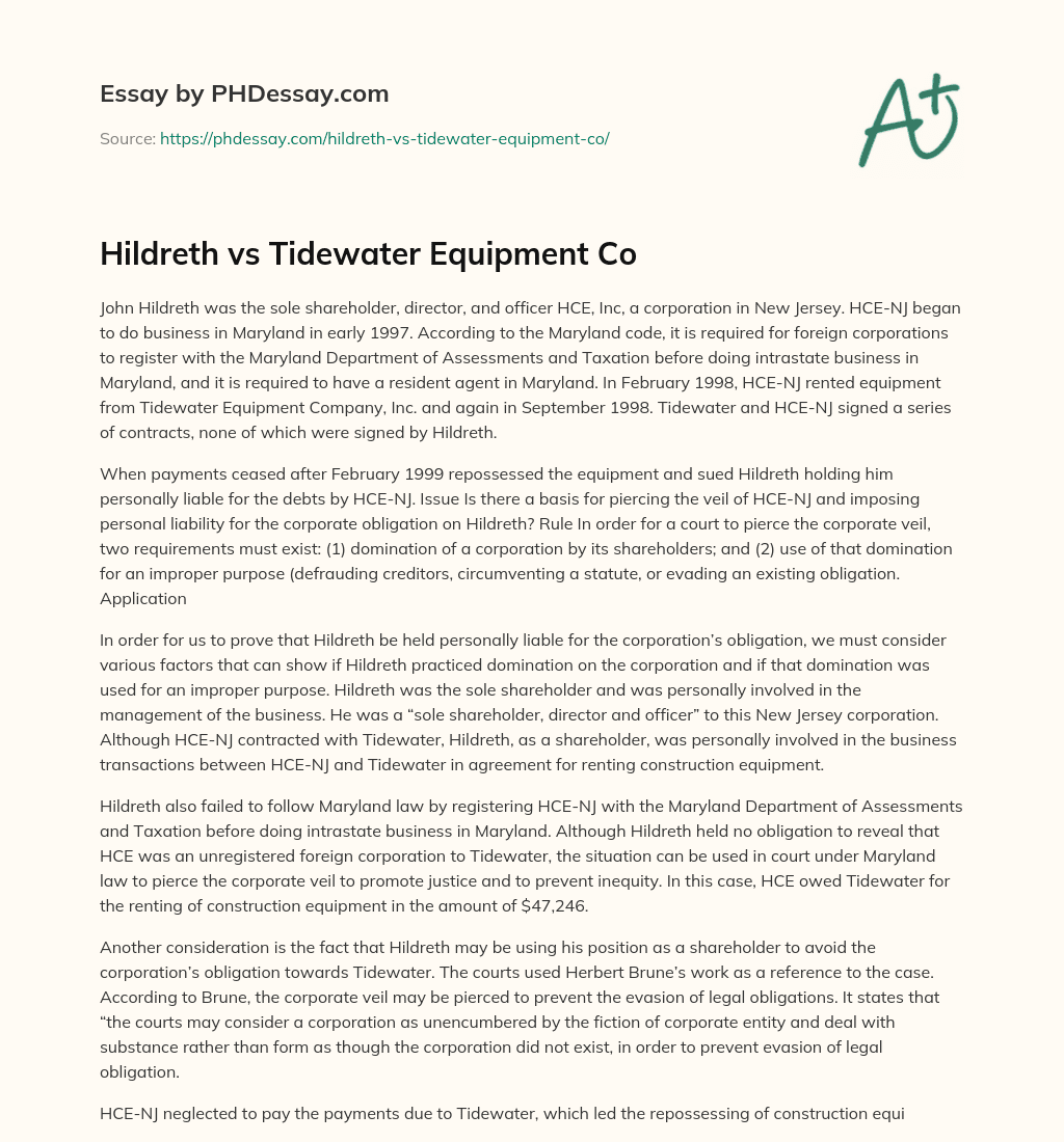 Hildreth vs Tidewater Equipment Co essay