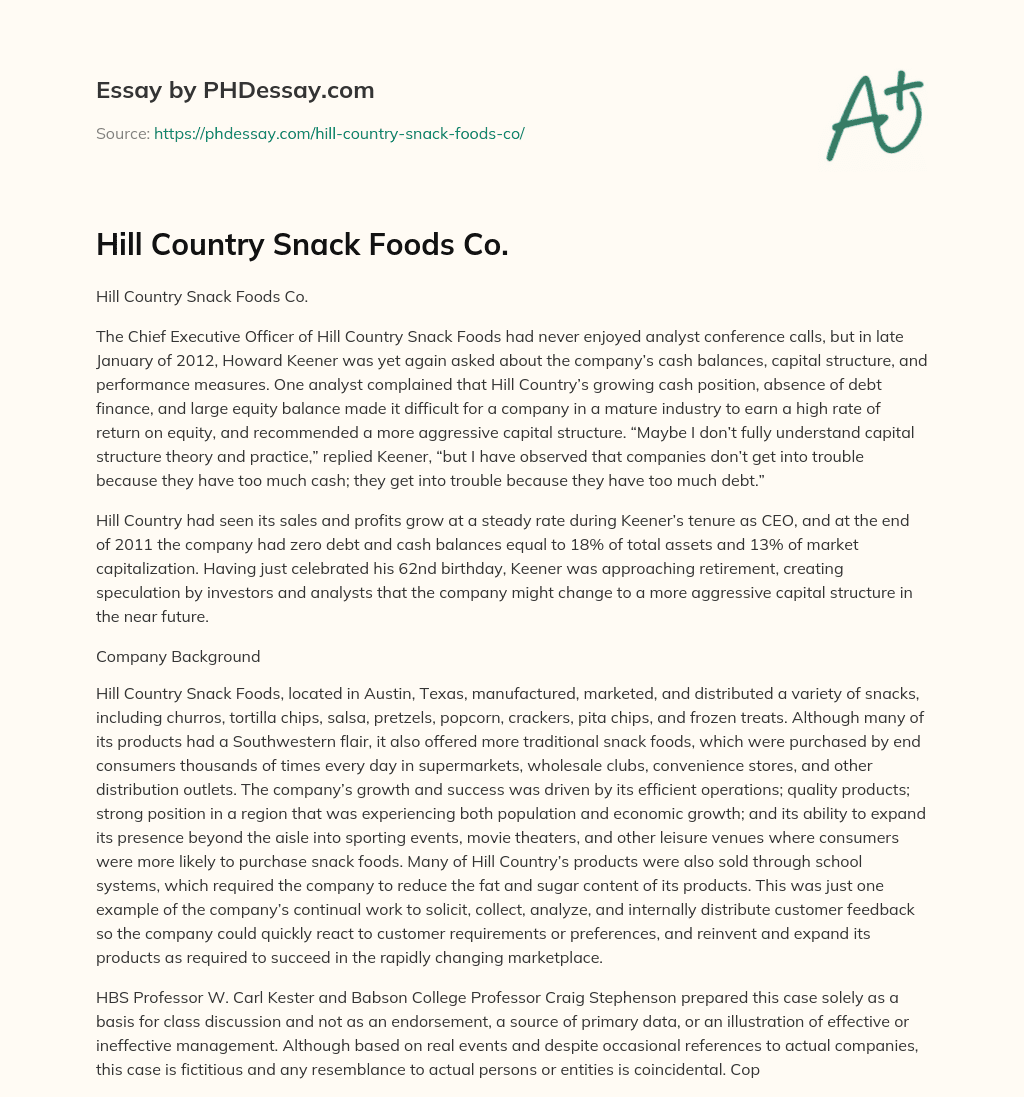 Hill Country Snack Foods Co. essay