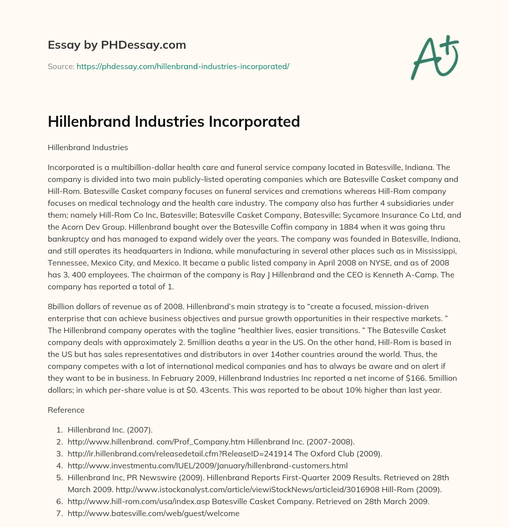 Hillenbrand Industries Incorporated essay