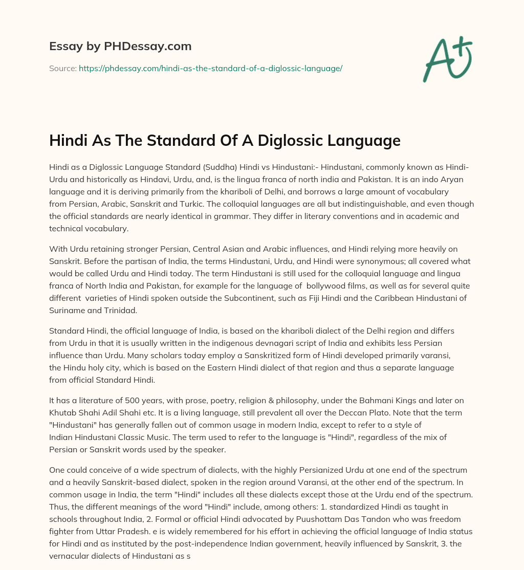 Hindi As The Standard Of A Diglossic Language essay
