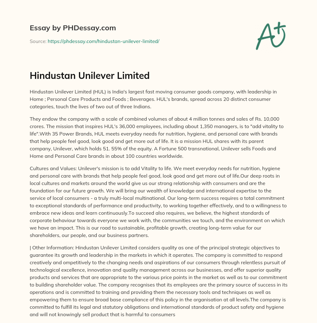 Hindustan Unilever Limited essay
