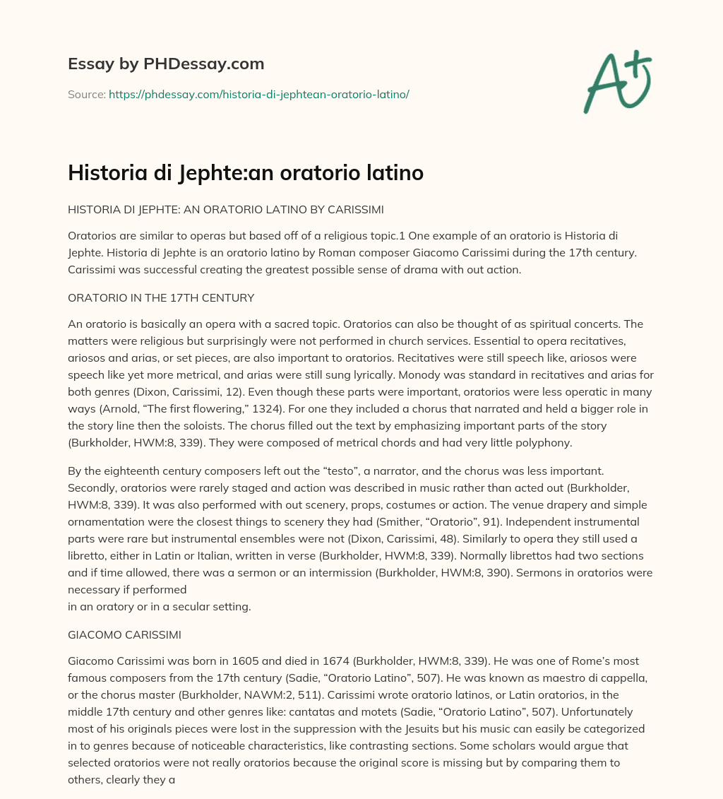 Historia di Jephte:an oratorio latino essay
