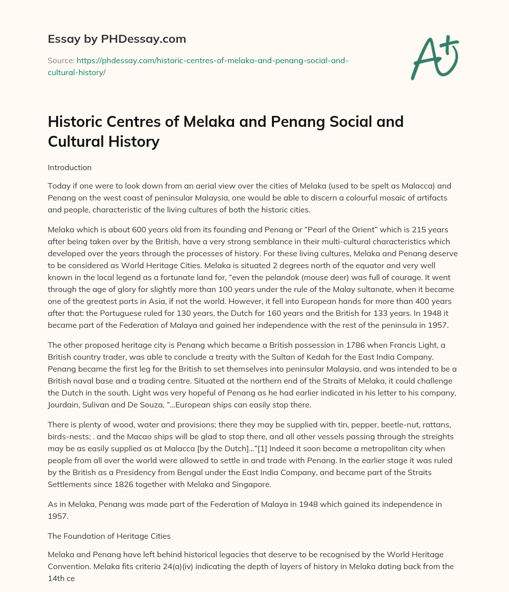 Historic Centres of Melaka and Penang Social and Cultural History essay