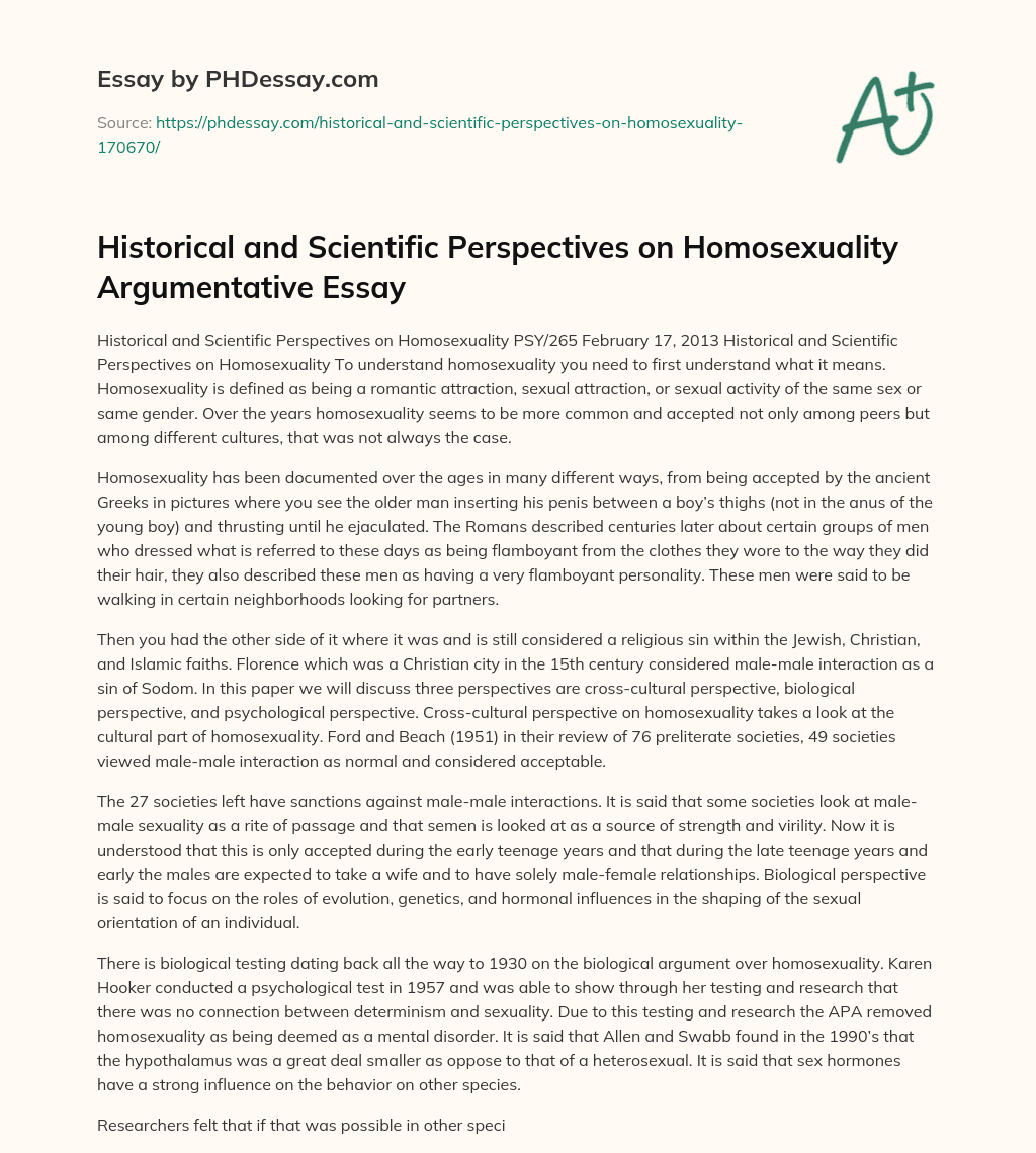 Historical and Scientific Perspectives on Homosexuality Argumentative Essay essay