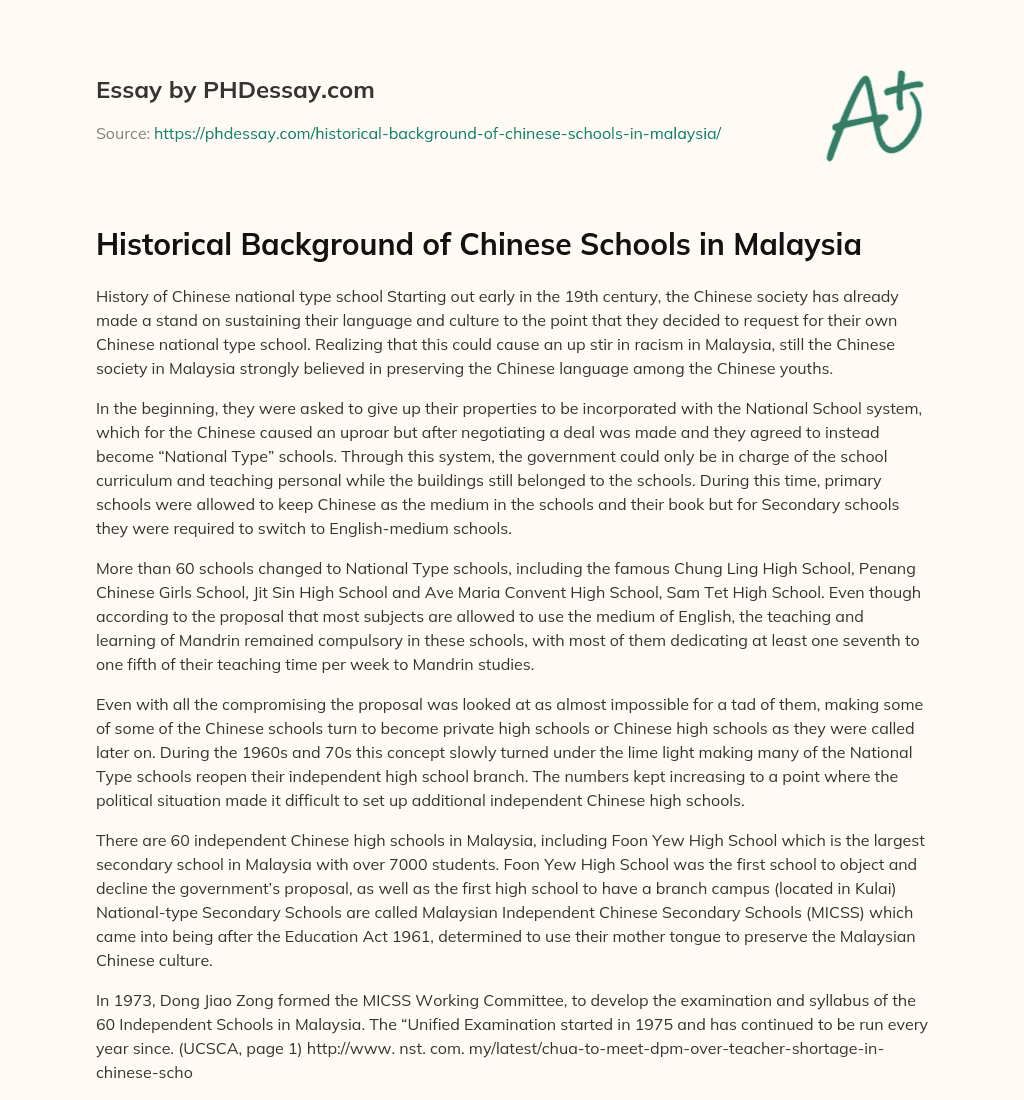 Historical Background of Chinese Schools in Malaysia essay