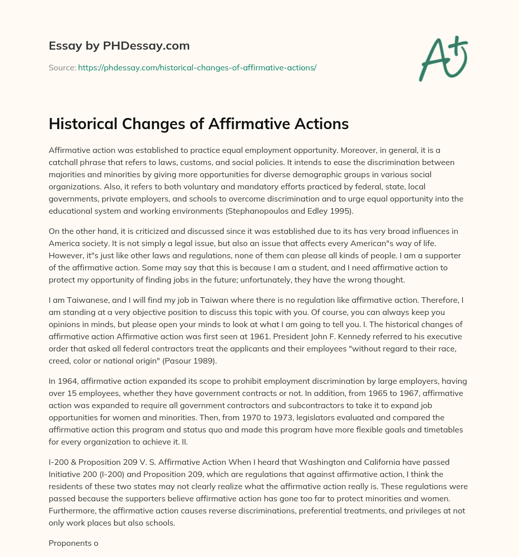 Historical Changes of Affirmative Actions essay