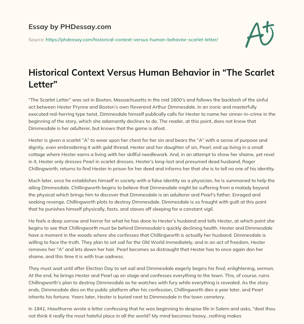 Historical Context Versus Human Behavior in “The Scarlet Letter” essay
