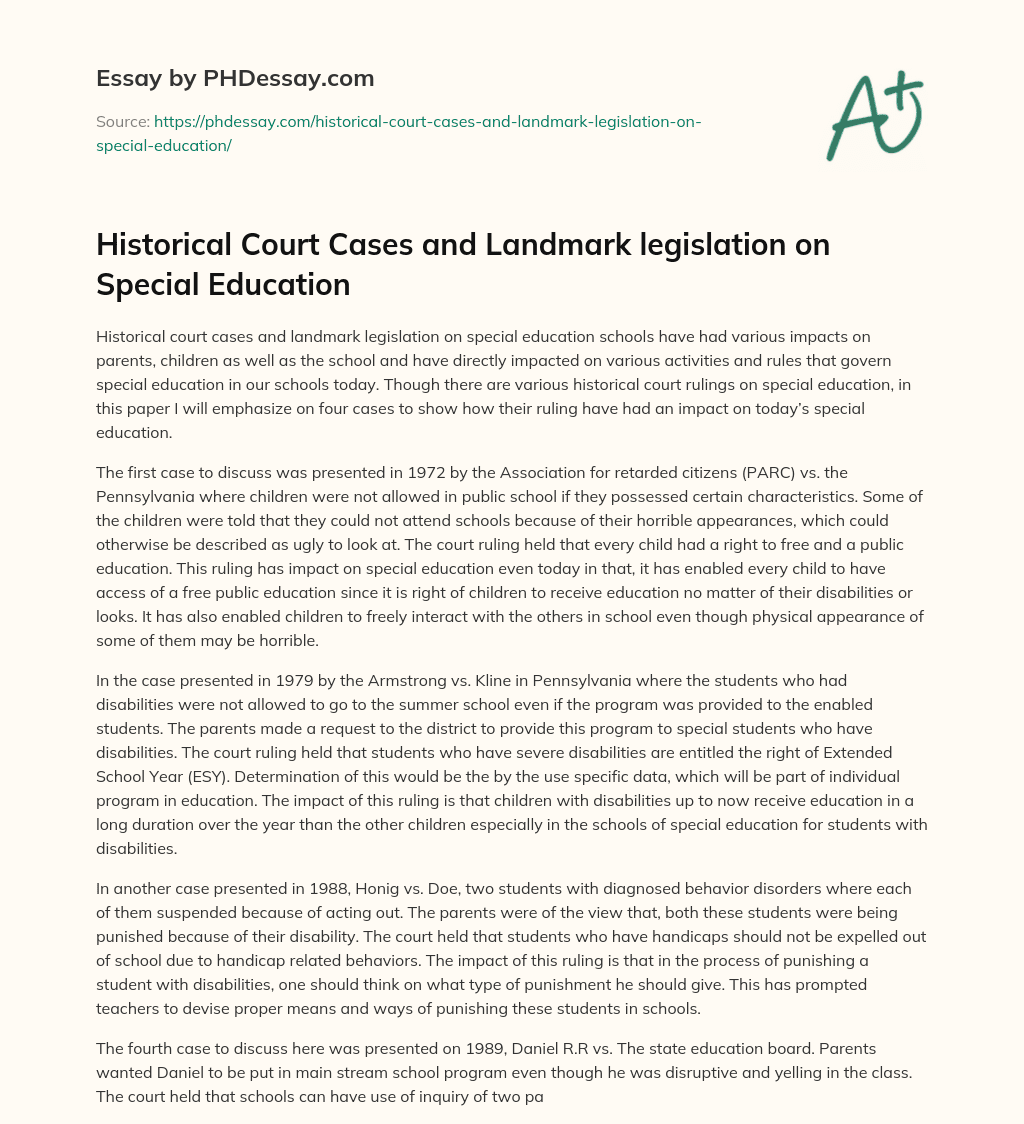 Historical Court Cases and Landmark legislation on Special Education essay