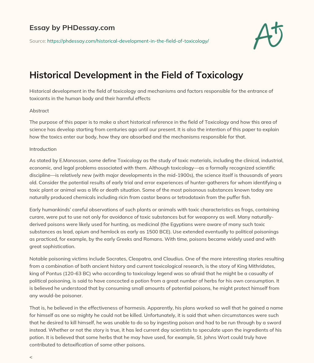 Historical Development in the Field of Toxicology essay