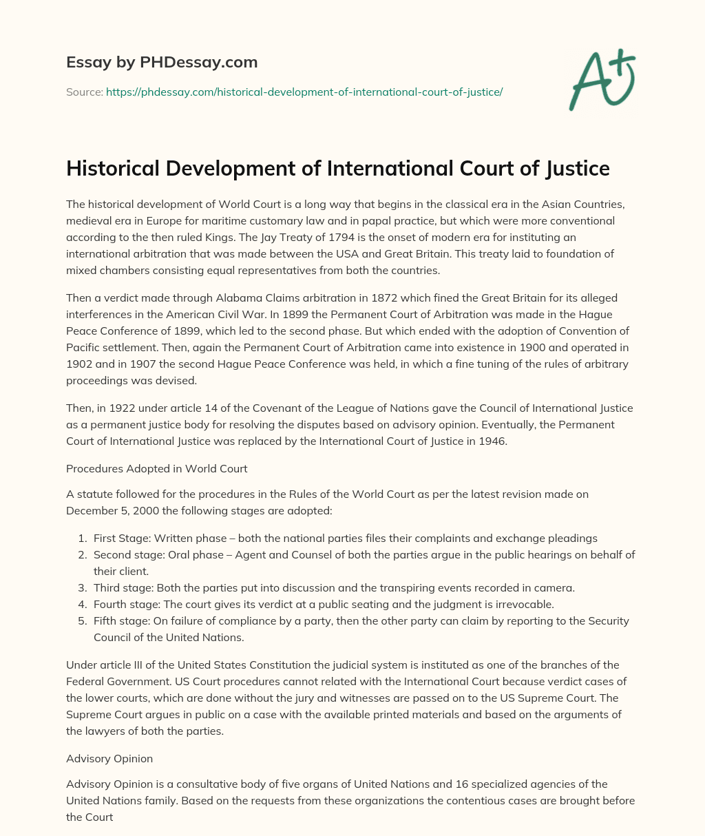 Historical Development of International Court of Justice essay