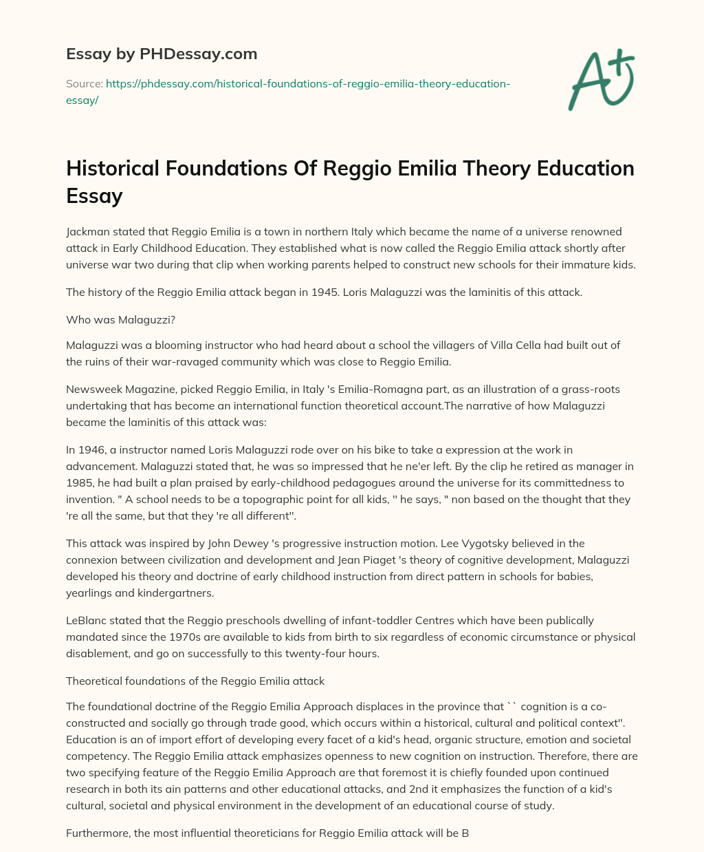 Historical Foundations Of Reggio Emilia Theory Education Essay essay