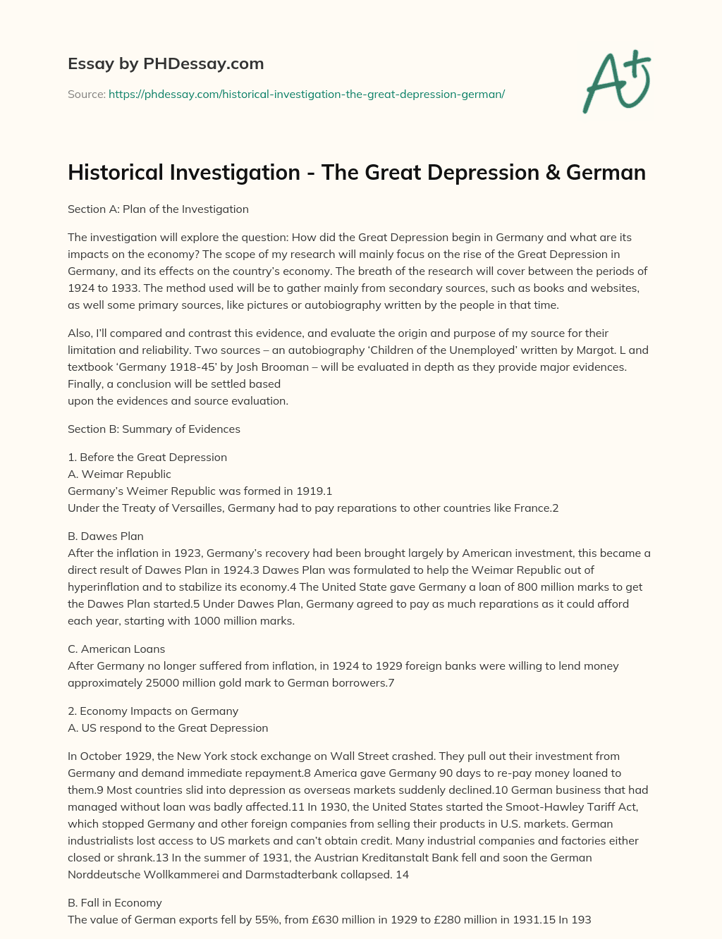 Historical Investigation – The Great Depression & German essay