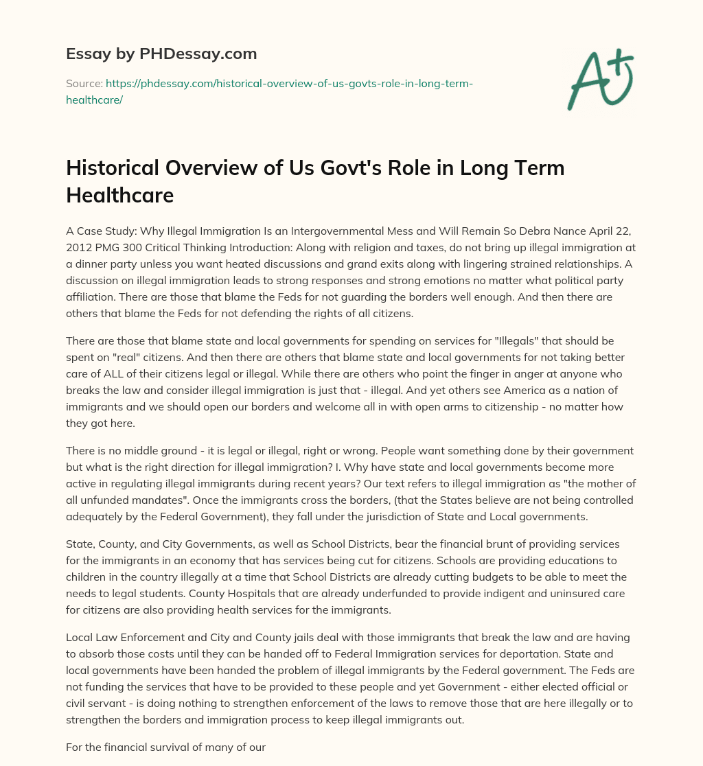 Historical Overview of Us Govt’s Role in Long Term Healthcare essay