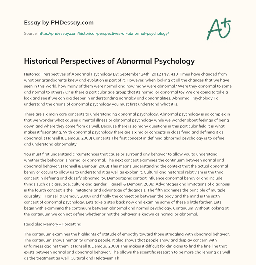 Historical Perspectives of Abnormal Psychology essay