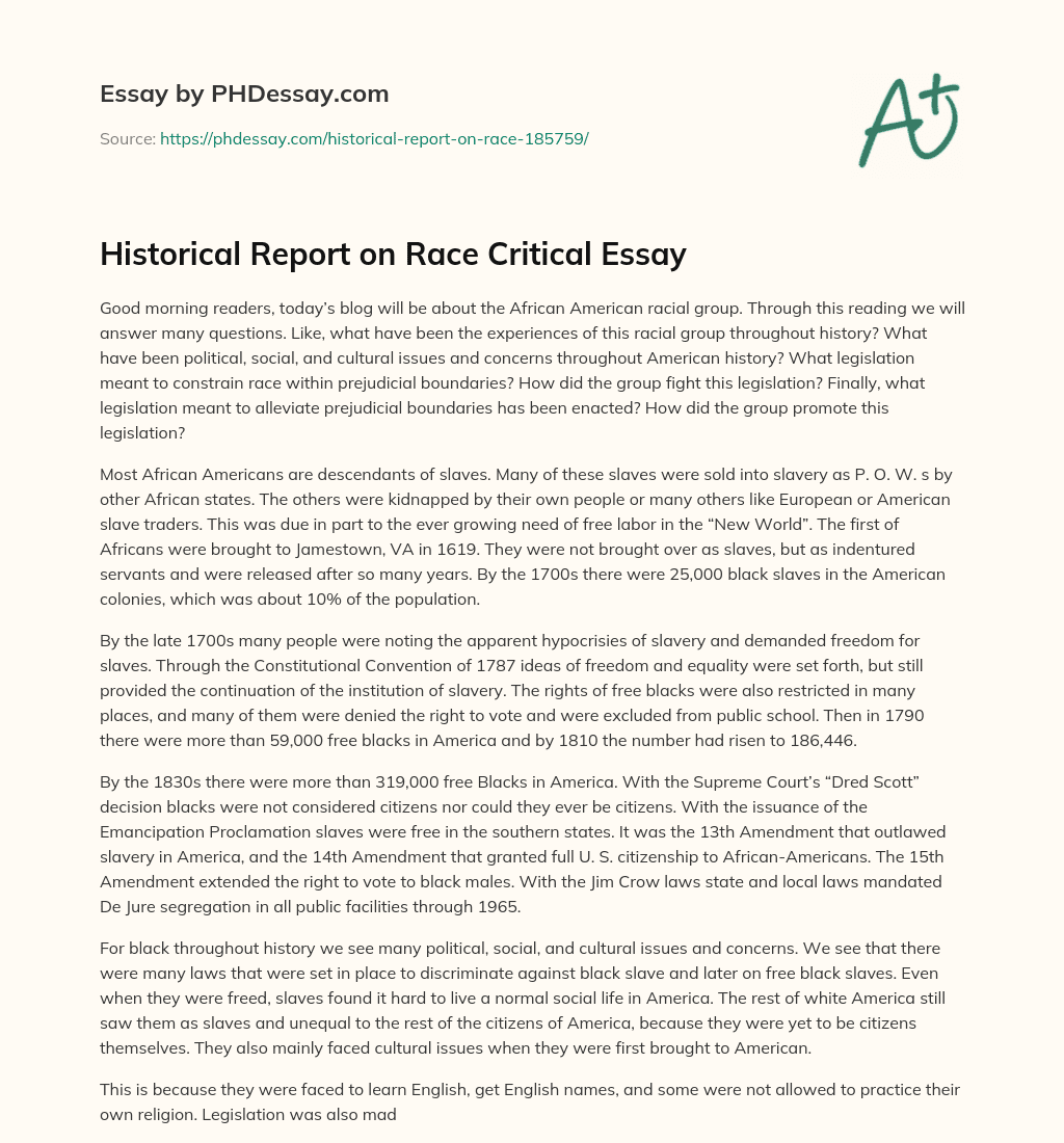 Historical Report on Race Critical Essay essay