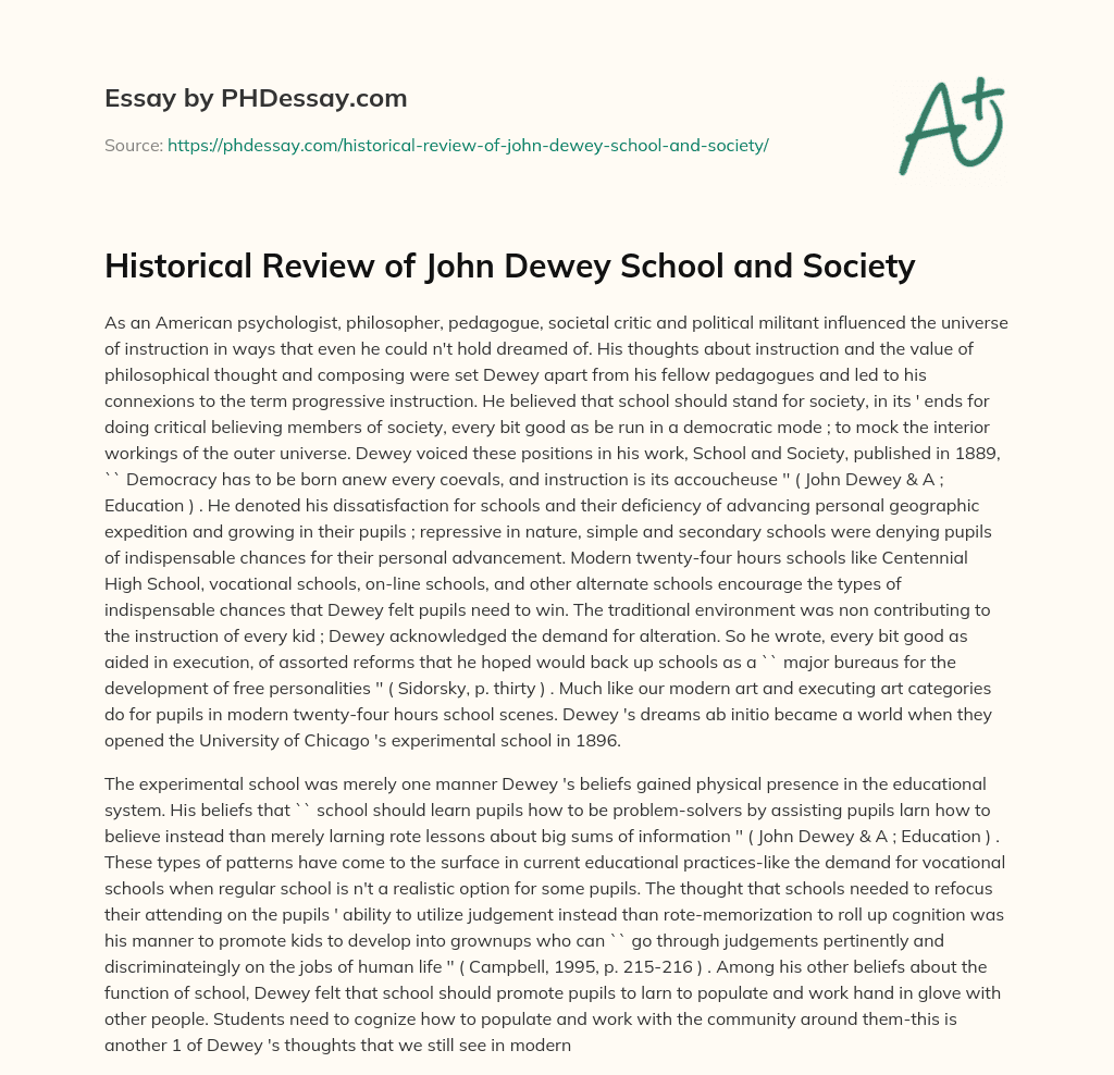 Historical Review of John Dewey School and Society essay
