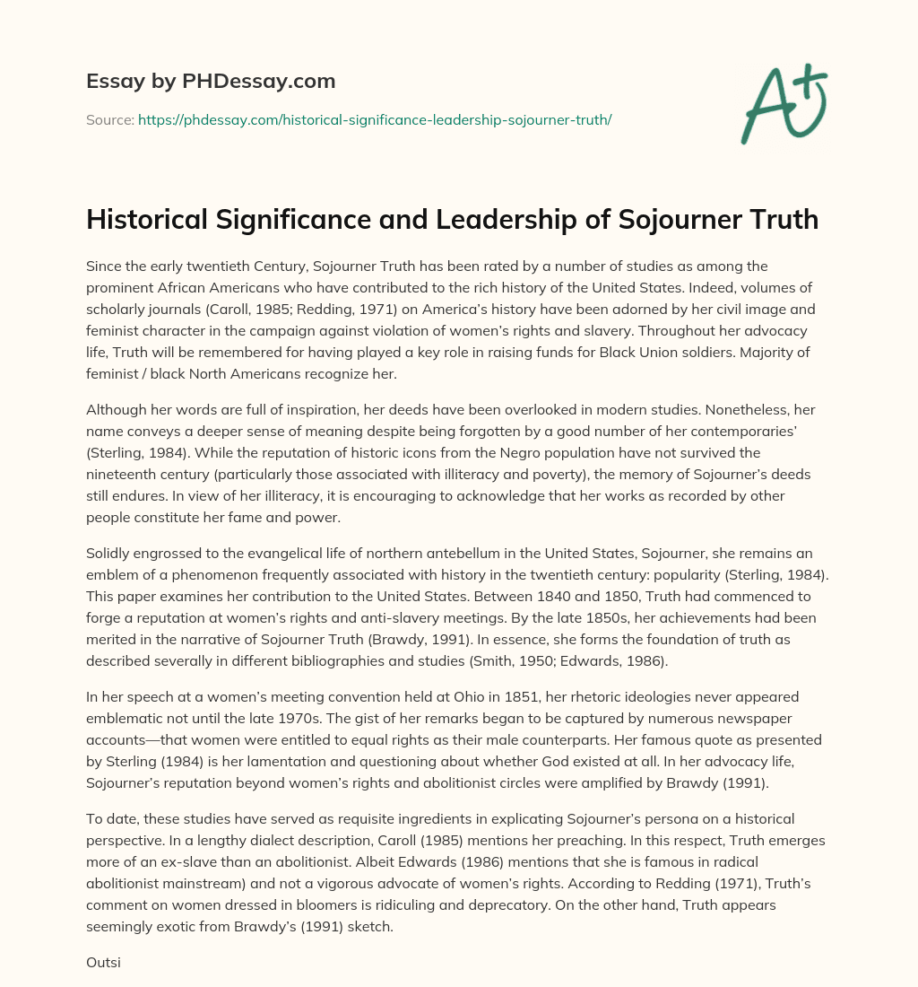 Historical Significance and Leadership of Sojourner Truth essay