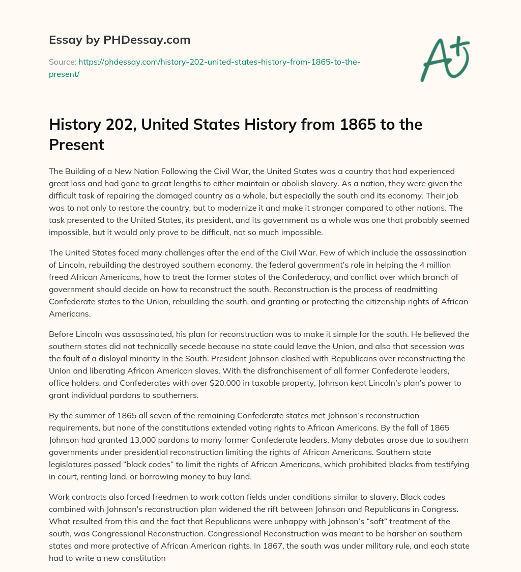 History 202, United States History from 1865 to the Present essay