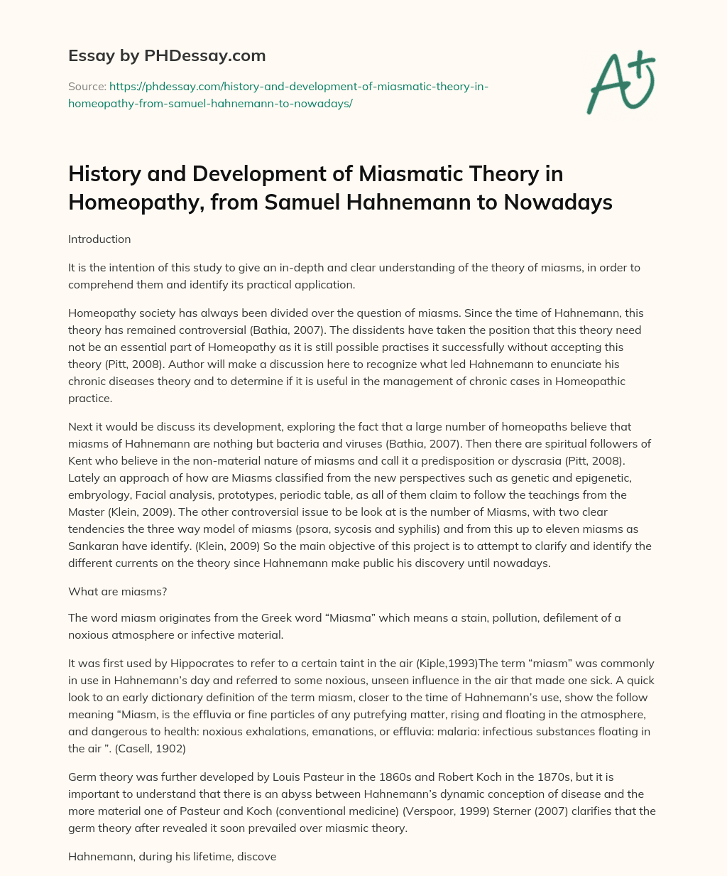 History and Development of Miasmatic Theory in Homeopathy, from Samuel Hahnemann to Nowadays essay