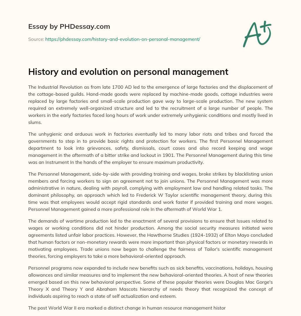 History and evolution on personal management essay