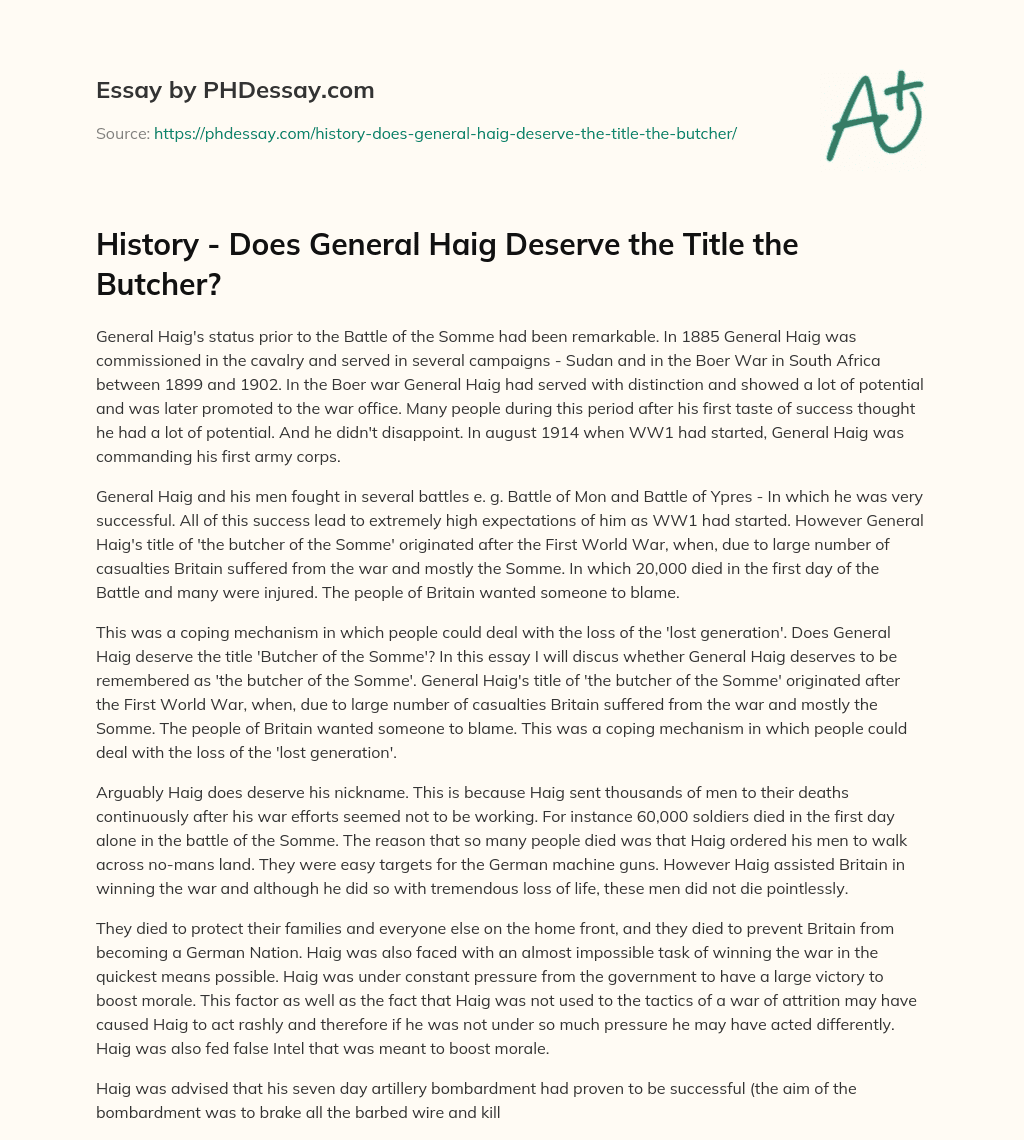 History – Does General Haig Deserve the Title the Butcher? essay