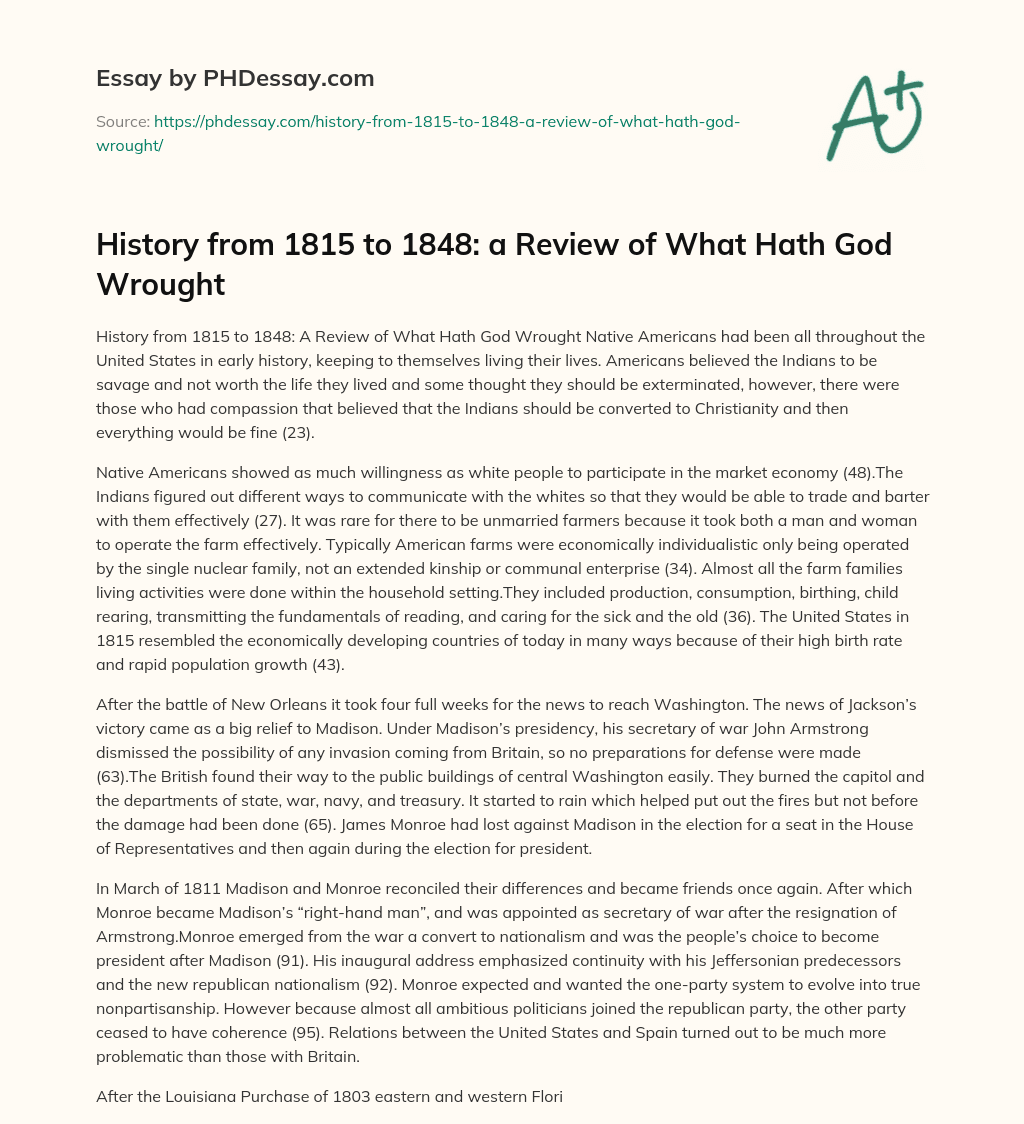 History from 1815 to 1848: a Review of What Hath God Wrought essay