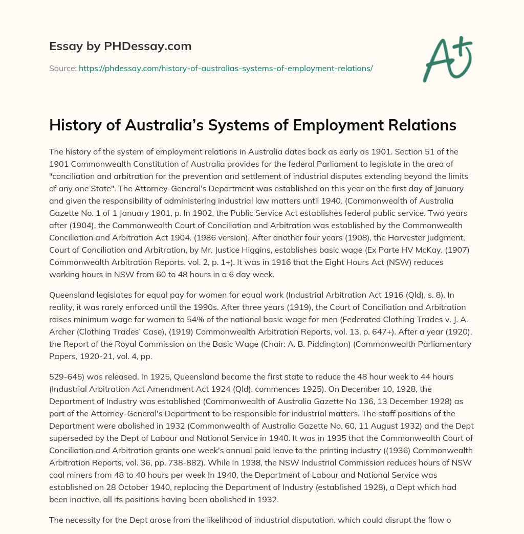History of Australia’s Systems of Employment Relations essay