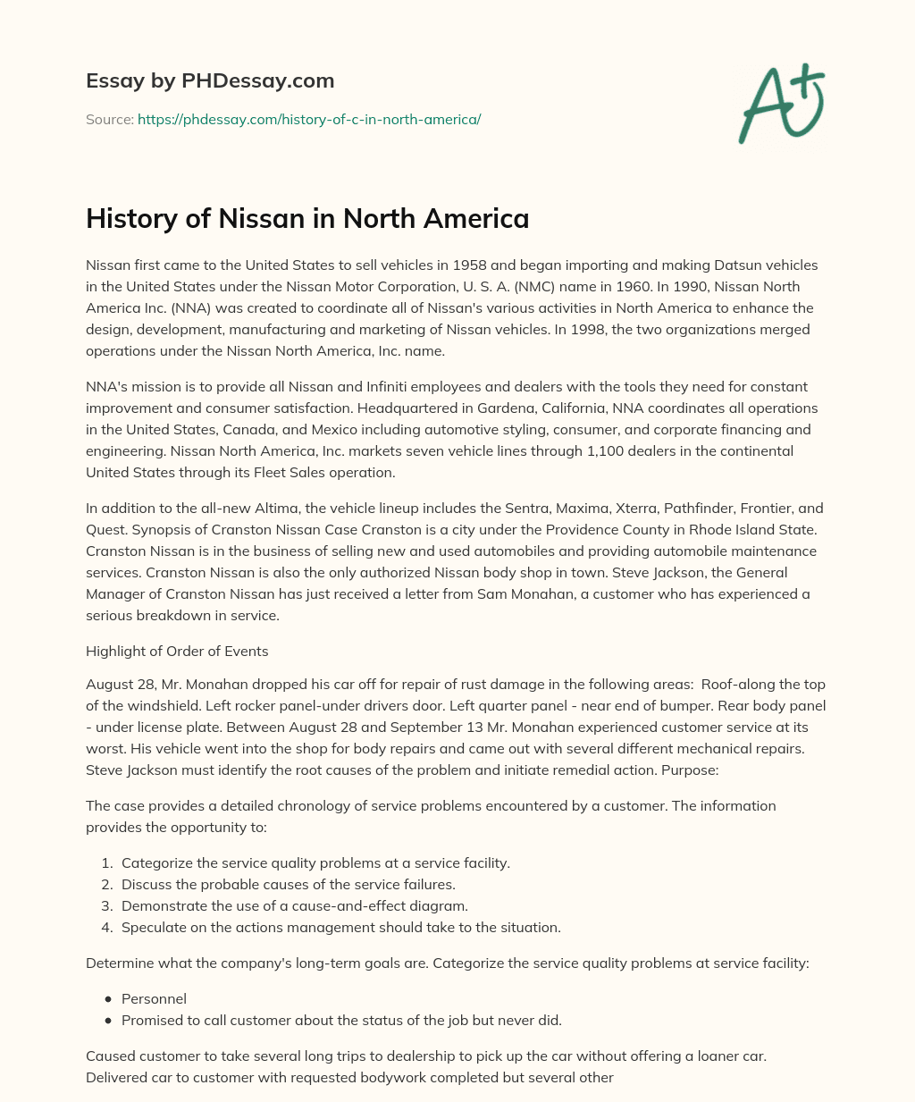 History of Nissan in North America essay