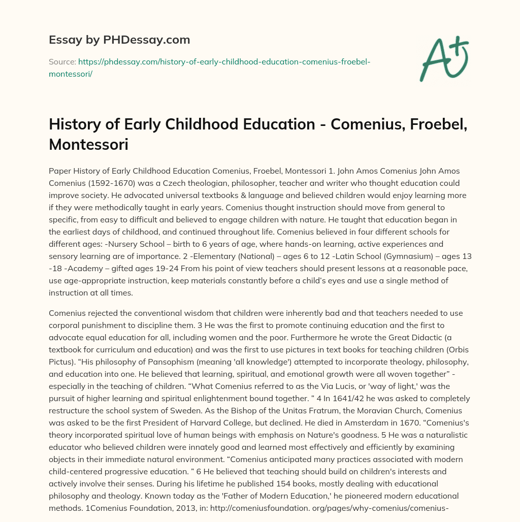 History of Early Childhood Education – Comenius, Froebel, Montessori essay