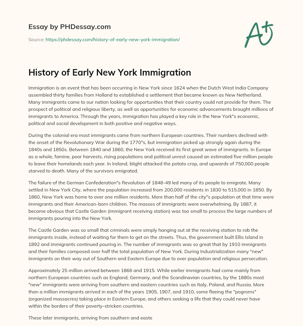 History of Early New York Immigration essay