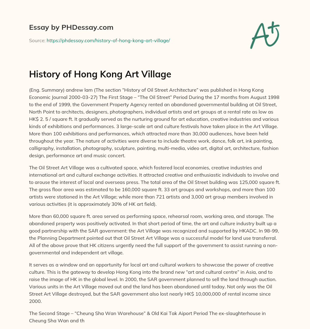 History of Hong Kong Art Village essay