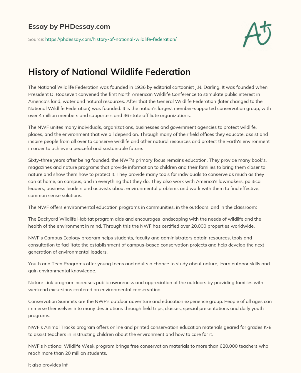 History of National Wildlife Federation essay