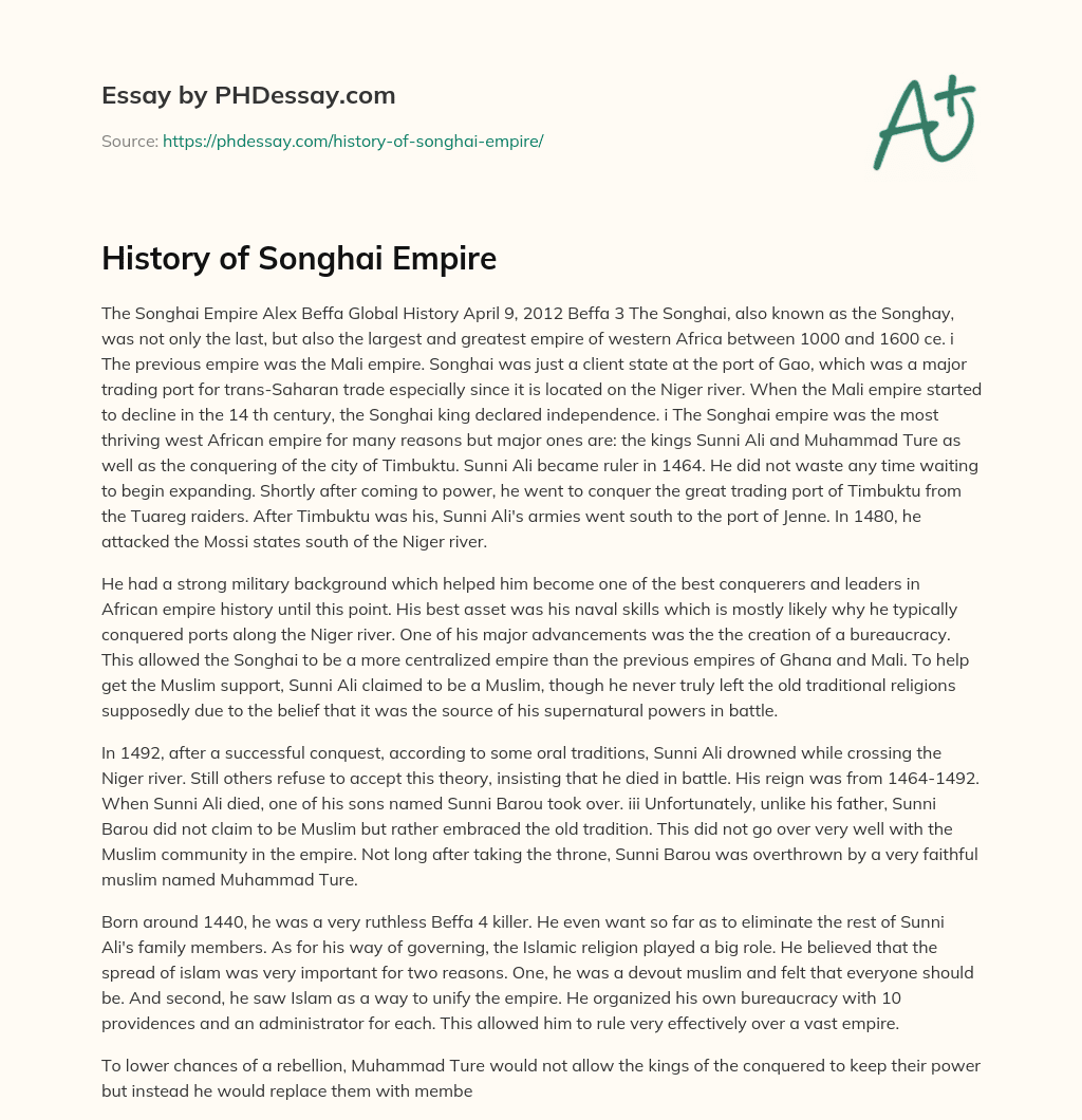 history essay about songhai empire