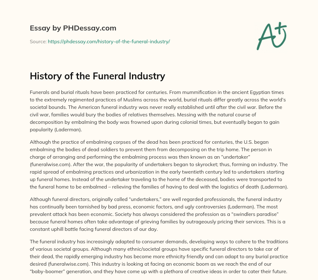 History of the Funeral Industry (400 Words)