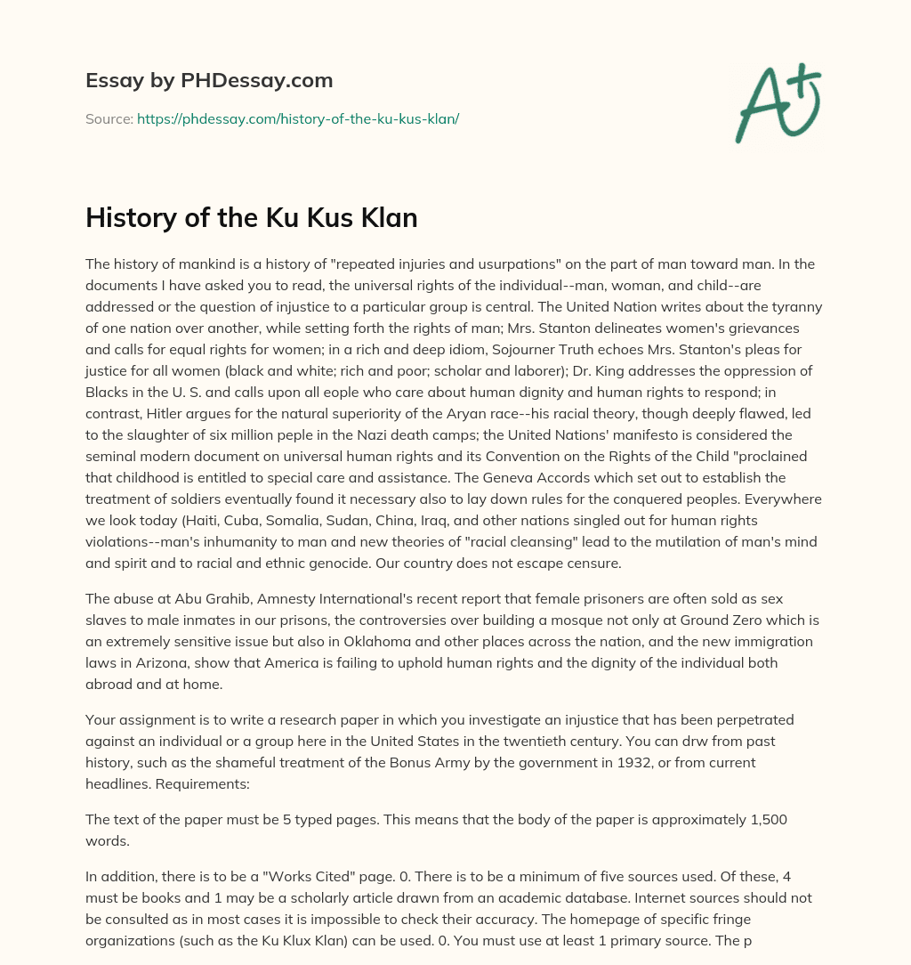 History of the Ku Kus Klan essay