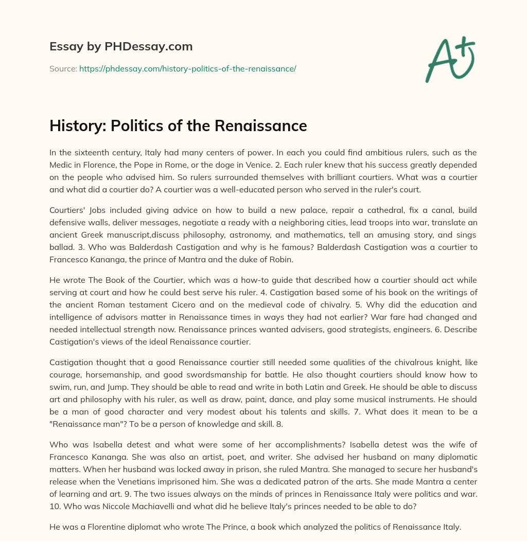 History: Politics of the Renaissance essay