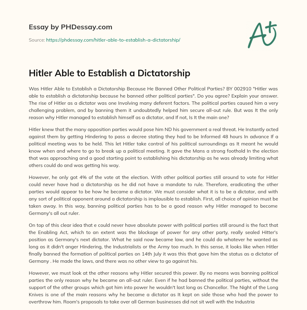 Hitler Able to Establish a Dictatorship essay