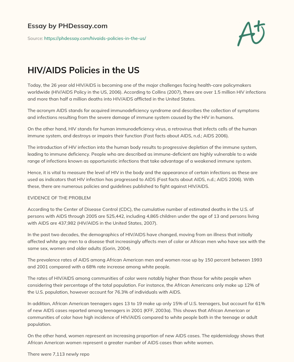 HIV/AIDS Policies in the US essay
