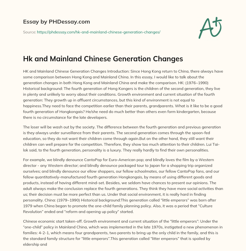 Hk and Mainland Chinese Generation Changes essay