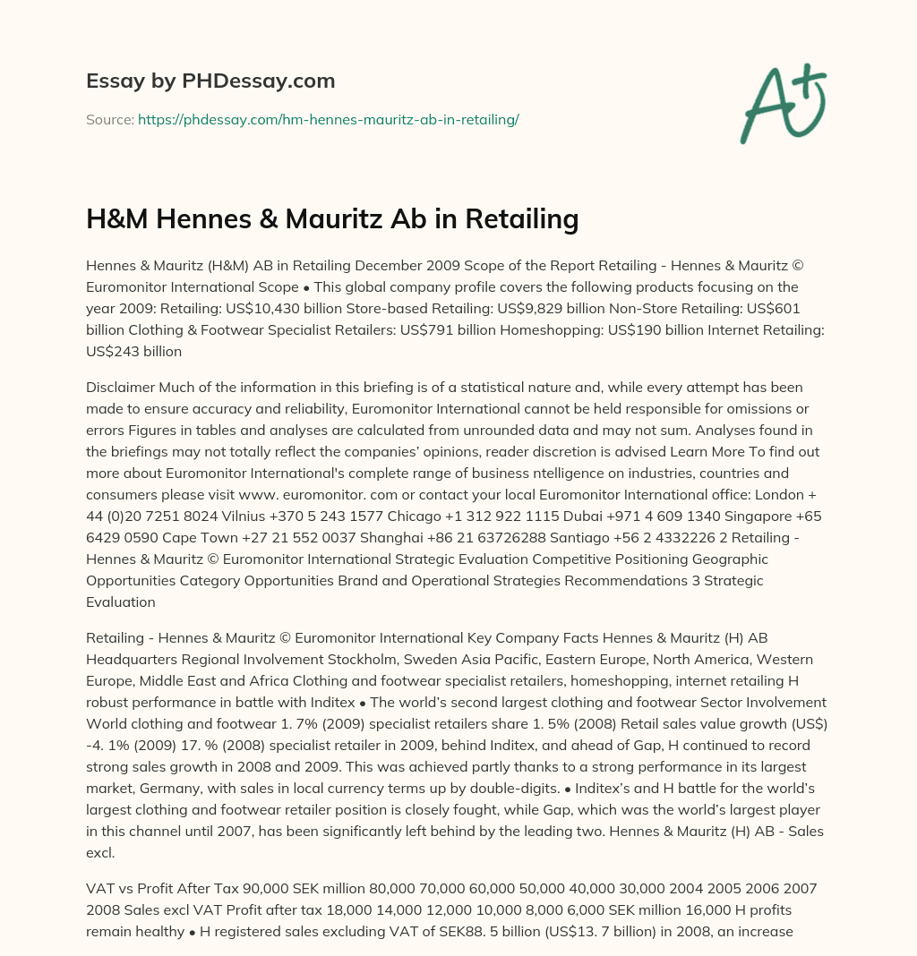 H&M Hennes & Mauritz Ab in Retailing essay