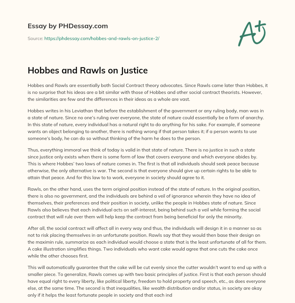 Hobbes and Rawls on Justice essay