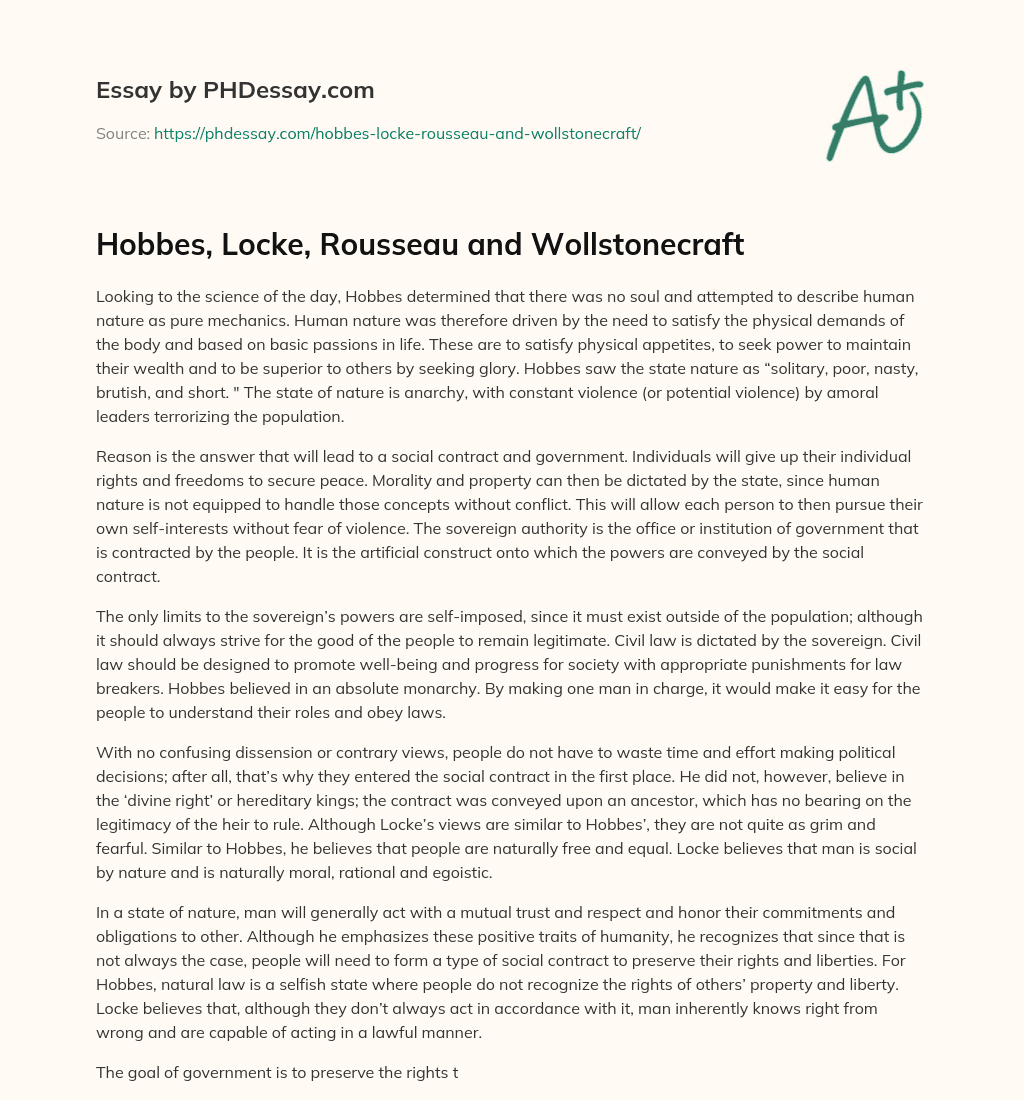 Hobbes, Locke, Rousseau and Wollstonecraft essay
