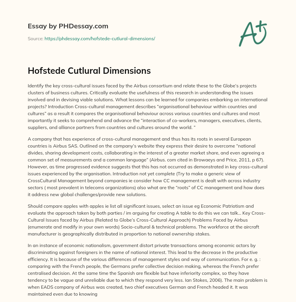 Hofstede Cutlural Dimensions essay