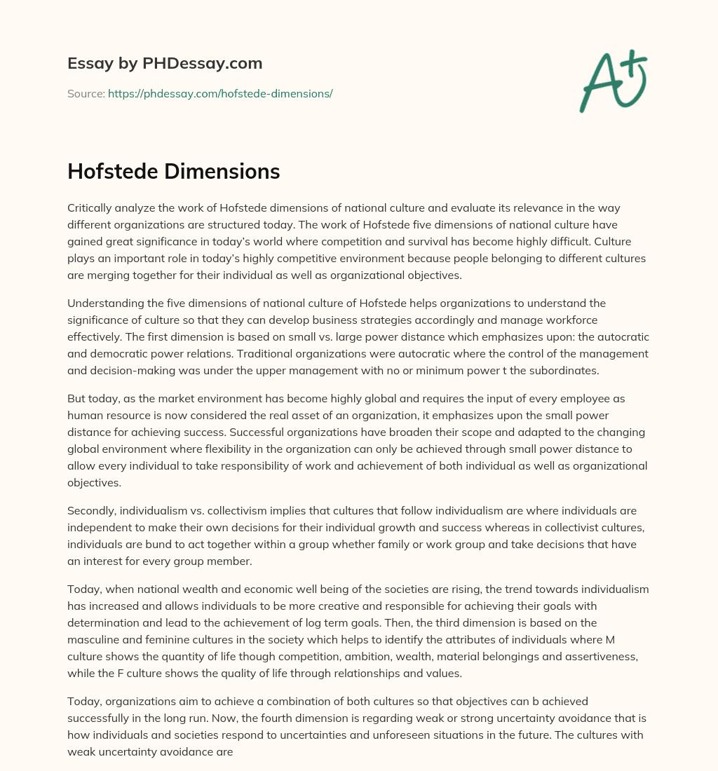Hofstede Dimensions essay