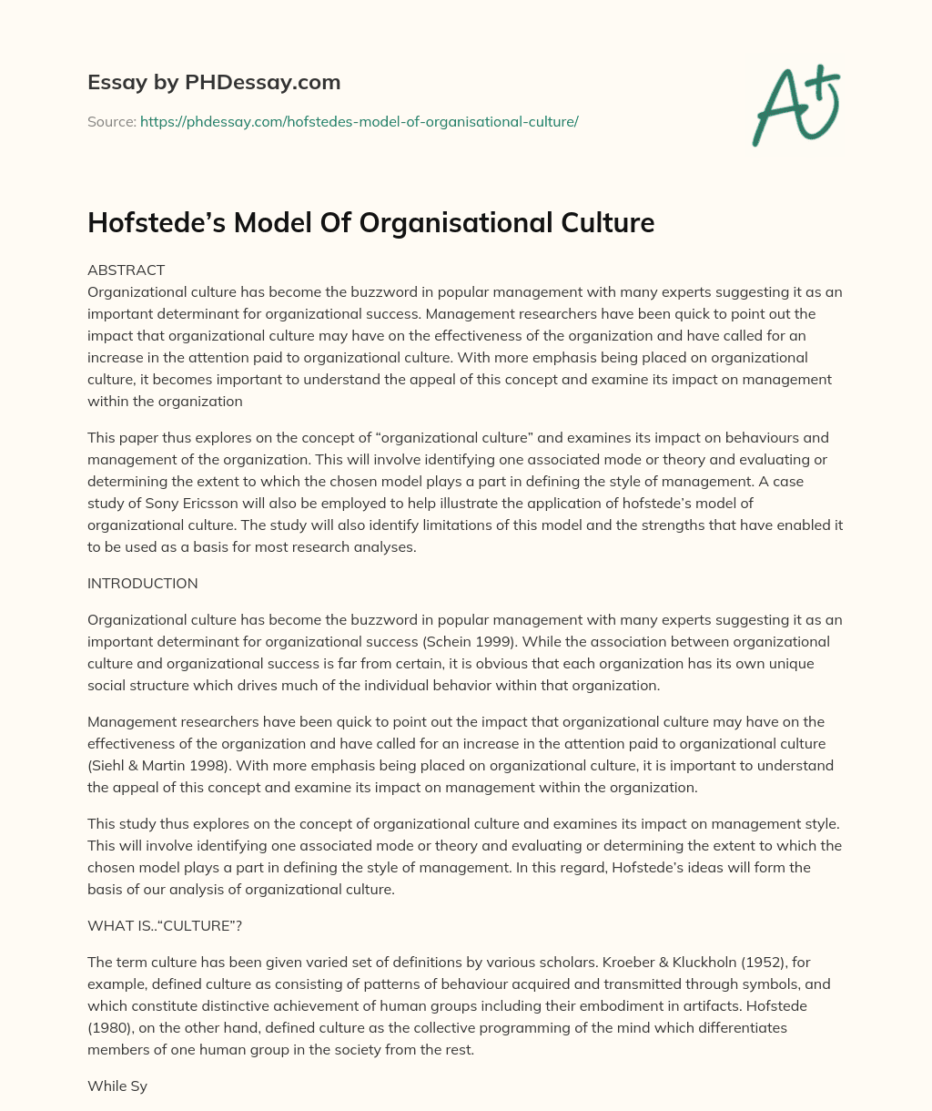 Hofstede’s Model Of Organisational Culture essay