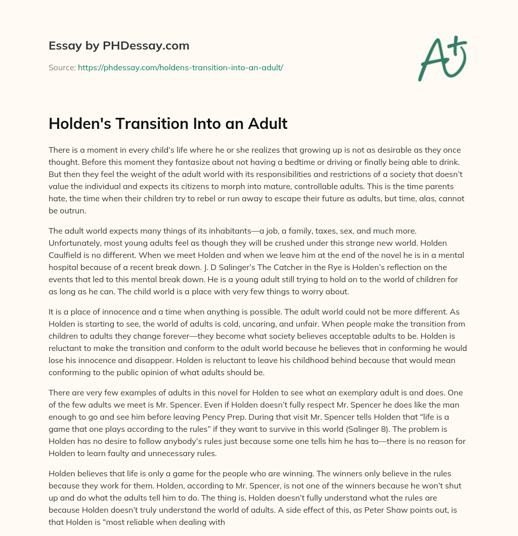 Holden’s Transition Into an Adult essay