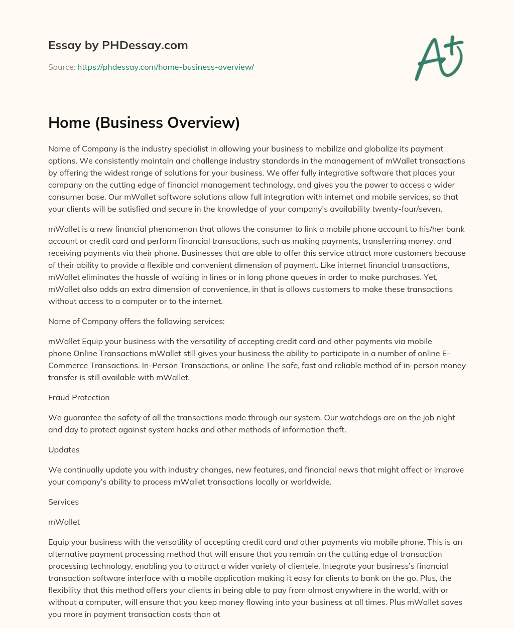 Home (Business Overview) essay