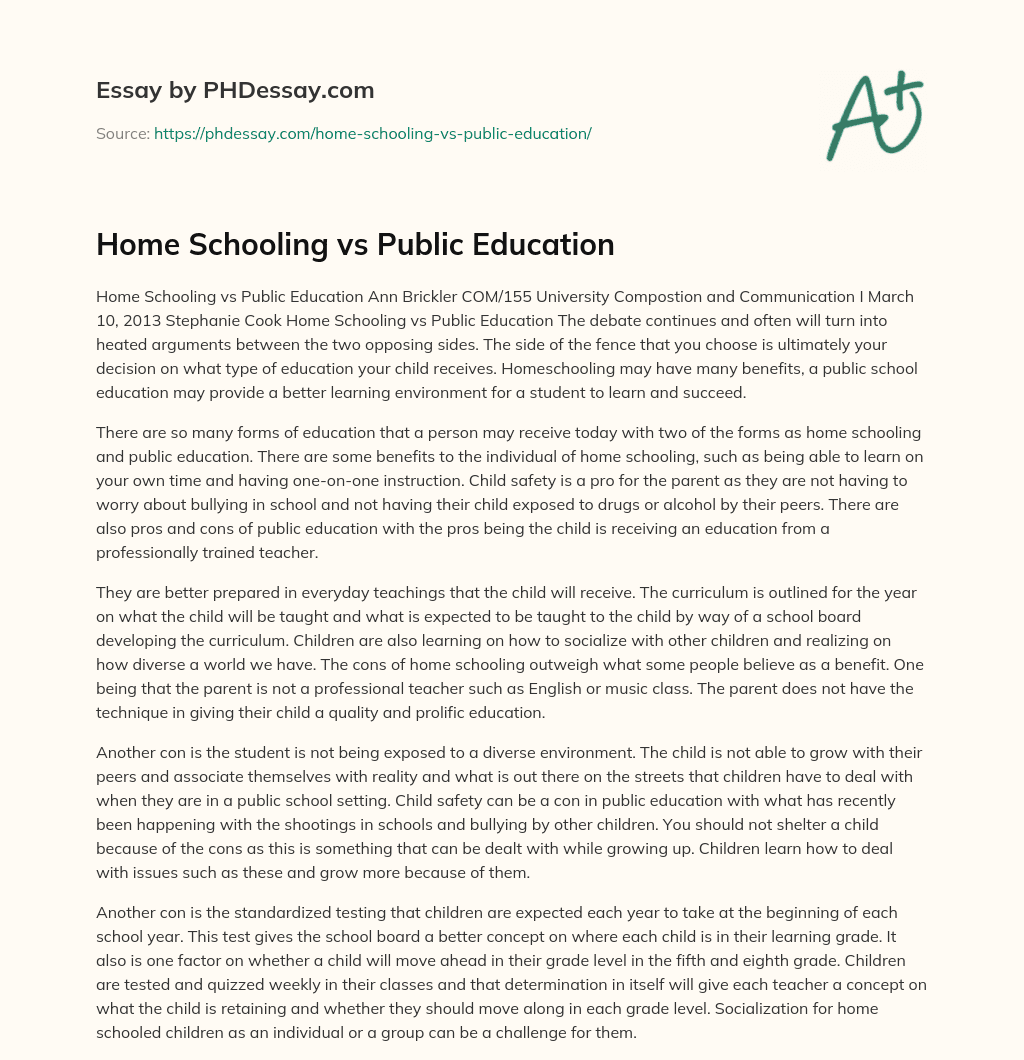 Home Schooling vs Public Education essay
